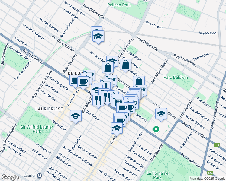 map of restaurants, bars, coffee shops, grocery stores, and more near in Montréal