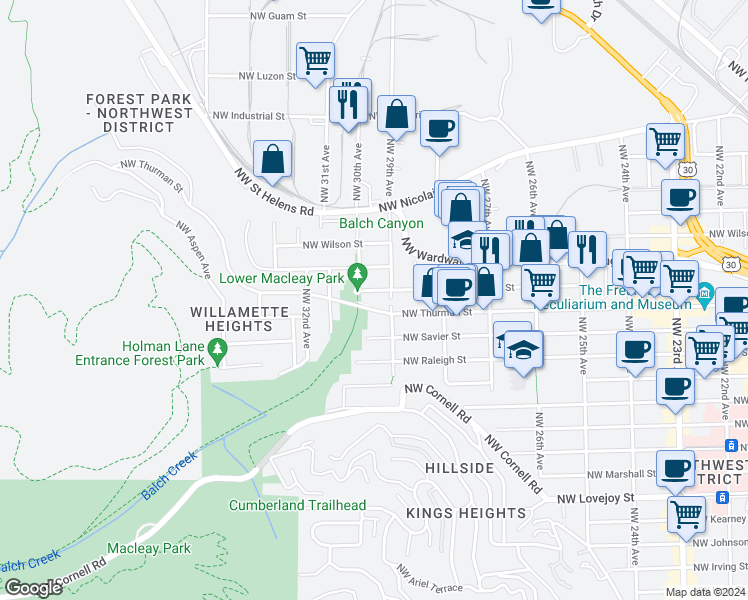 map of restaurants, bars, coffee shops, grocery stores, and more near 2935 Northwest Thurman Street in Portland