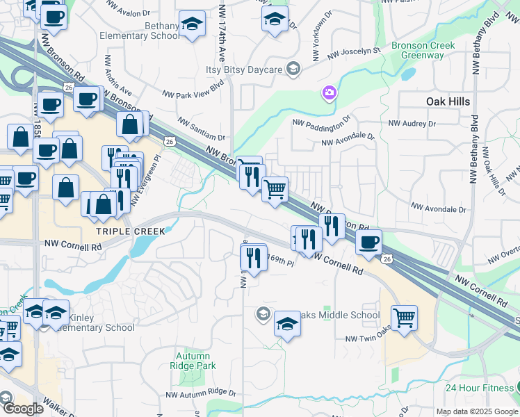 map of restaurants, bars, coffee shops, grocery stores, and more near 17275 Northwest Cornell Road in Beaverton