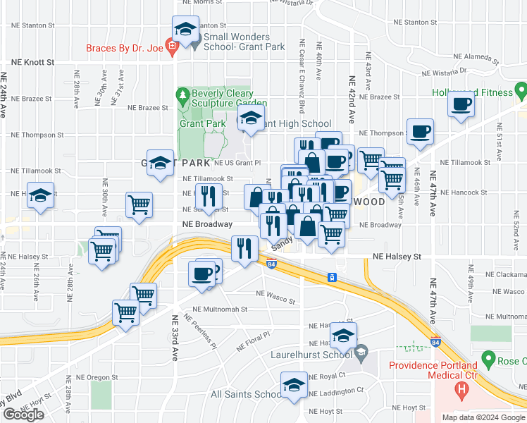 map of restaurants, bars, coffee shops, grocery stores, and more near 1731 Northeast 37th Avenue in Portland