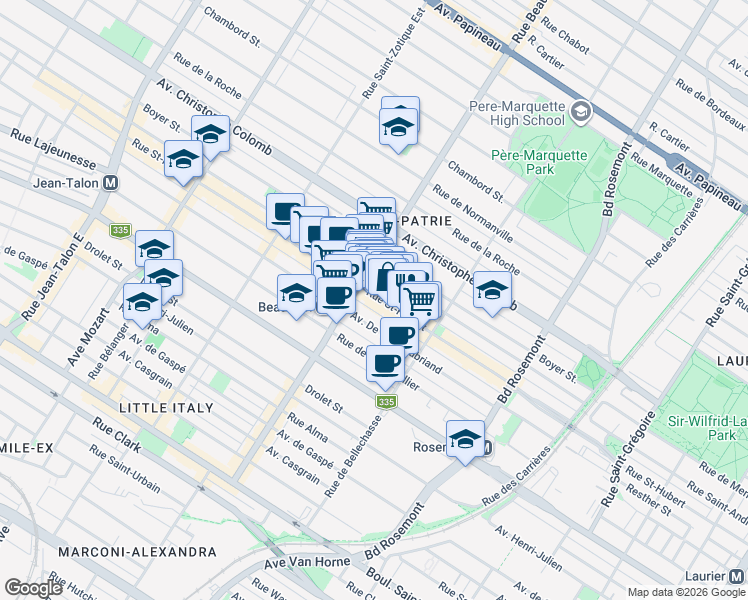 map of restaurants, bars, coffee shops, grocery stores, and more near 6380 Rue Saint-Hubert in Montréal