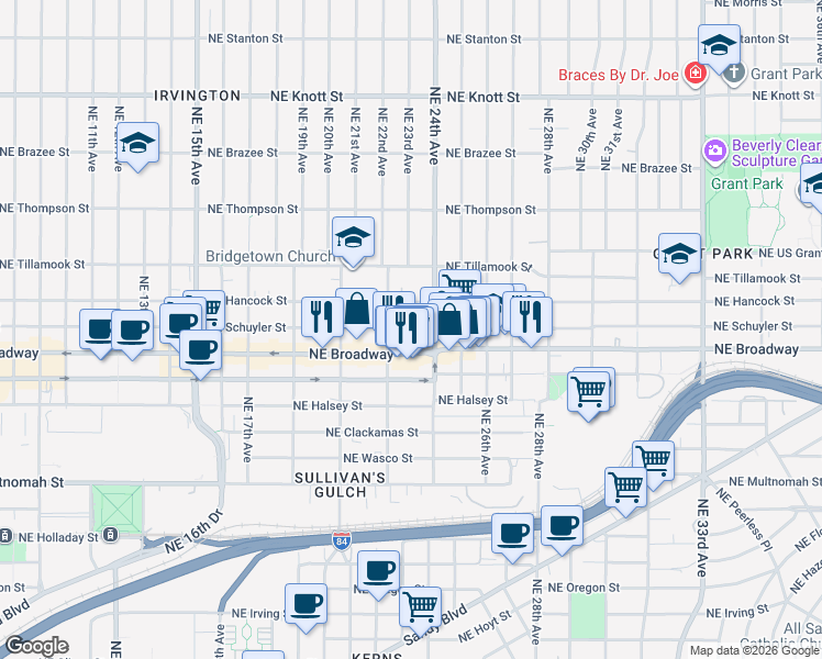 map of restaurants, bars, coffee shops, grocery stores, and more near 2332 Northeast Schuyler Street in Portland