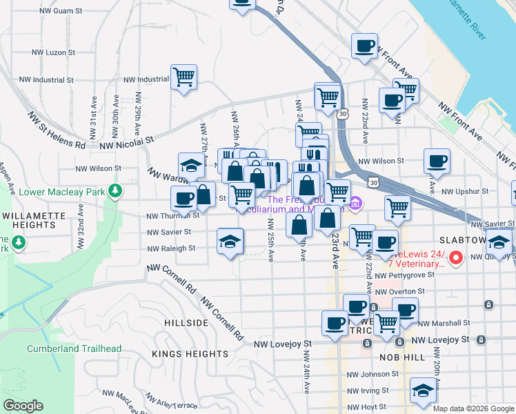 map of restaurants, bars, coffee shops, grocery stores, and more near 2537 Northwest Thurman Street in Portland