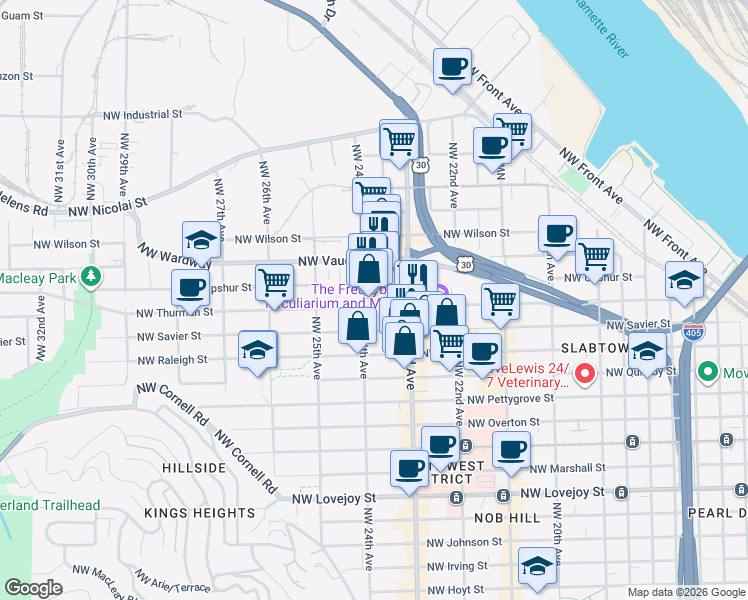 map of restaurants, bars, coffee shops, grocery stores, and more near 1715 Northwest 23rd Avenue in Portland