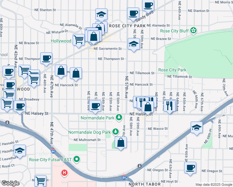 map of restaurants, bars, coffee shops, grocery stores, and more near 1735 Northeast 56th Avenue in Portland
