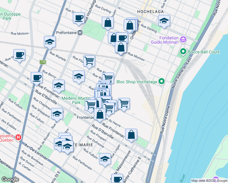 map of restaurants, bars, coffee shops, grocery stores, and more near 2800 Rue Ontario Est in Montréal