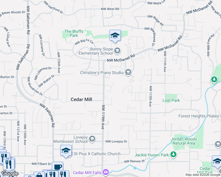 map of restaurants, bars, coffee shops, grocery stores, and more near 2174 Northwest 118th Avenue in Portland