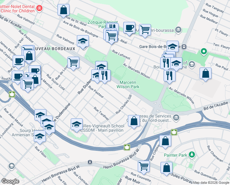 map of restaurants, bars, coffee shops, grocery stores, and more near 11400 Rue Drouart in Montréal