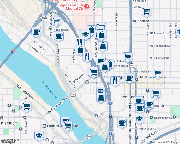 map of restaurants, bars, coffee shops, grocery stores, and more near 1771 North Flint Avenue in Portland