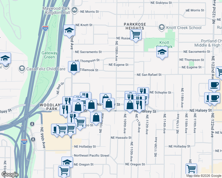 map of restaurants, bars, coffee shops, grocery stores, and more near 1800 Northeast 106th Avenue in Portland