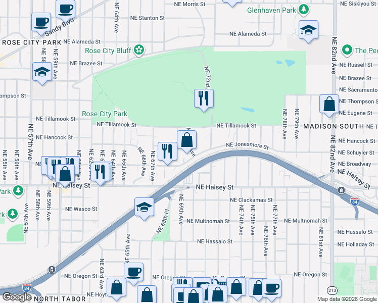 map of restaurants, bars, coffee shops, grocery stores, and more near 1805 Northeast 70th Avenue in Portland