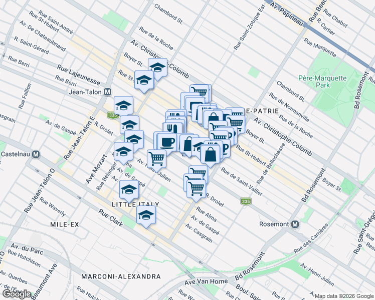 map of restaurants, bars, coffee shops, grocery stores, and more near 6646 Rue de Saint-Vallier in Montréal