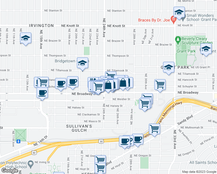 map of restaurants, bars, coffee shops, grocery stores, and more near 2525 Northeast Broadway in Portland