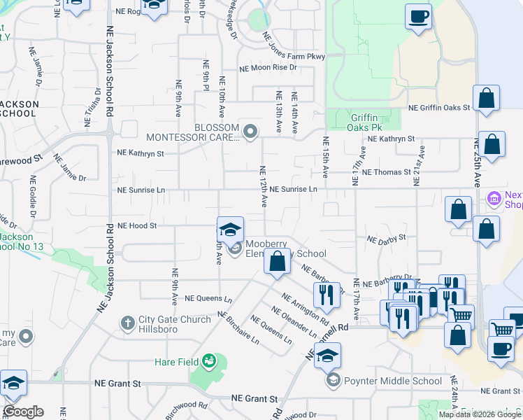 map of restaurants, bars, coffee shops, grocery stores, and more near 1461 Northeast 12th Avenue in Hillsboro