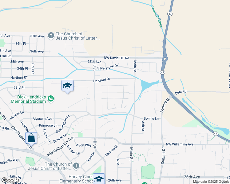map of restaurants, bars, coffee shops, grocery stores, and more near 3300 Main Street in Forest Grove