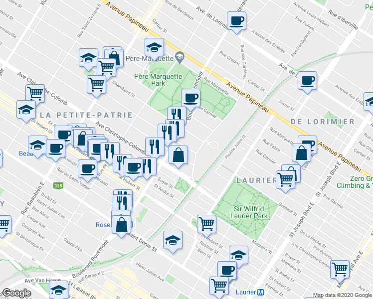 map of restaurants, bars, coffee shops, grocery stores, and more near 5646 Rue de Normanville in Montréal