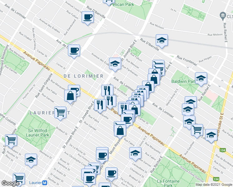 map of restaurants, bars, coffee shops, grocery stores, and more near 1962 Rue Gilford in Montréal