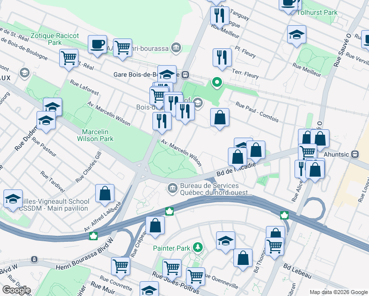 map of restaurants, bars, coffee shops, grocery stores, and more near 1605 Rue Robert Charbonneau in Montreal
