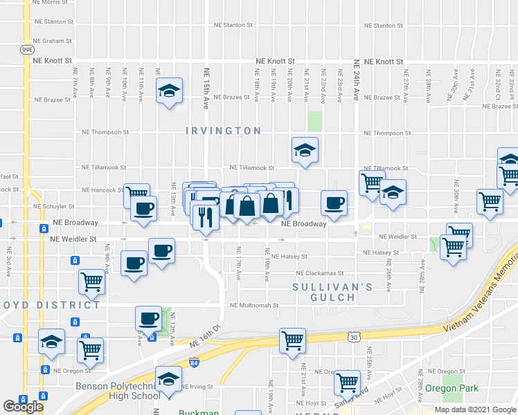 map of restaurants, bars, coffee shops, grocery stores, and more near 1812 Northeast Schuyler Street in Portland