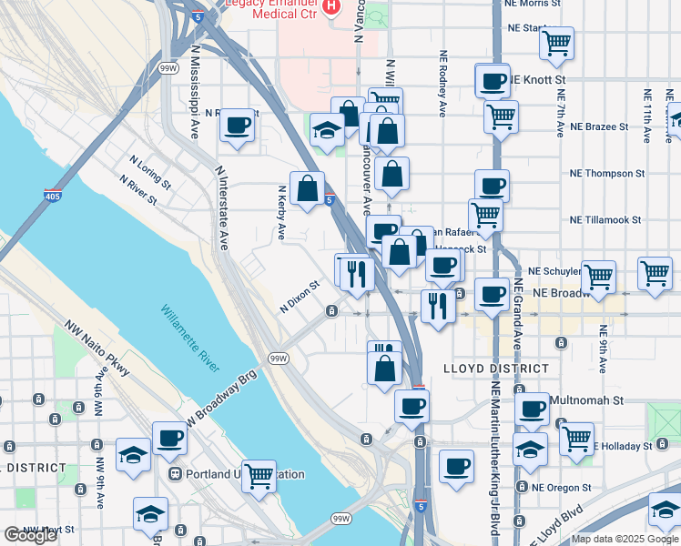 map of restaurants, bars, coffee shops, grocery stores, and more near 1771 North Flint Avenue in Portland