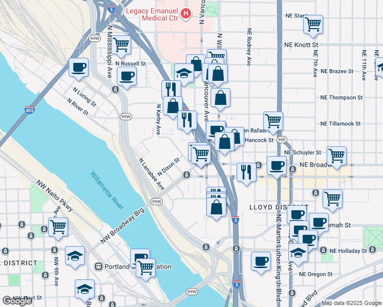 map of restaurants, bars, coffee shops, grocery stores, and more near 1771 North Flint Avenue in Portland