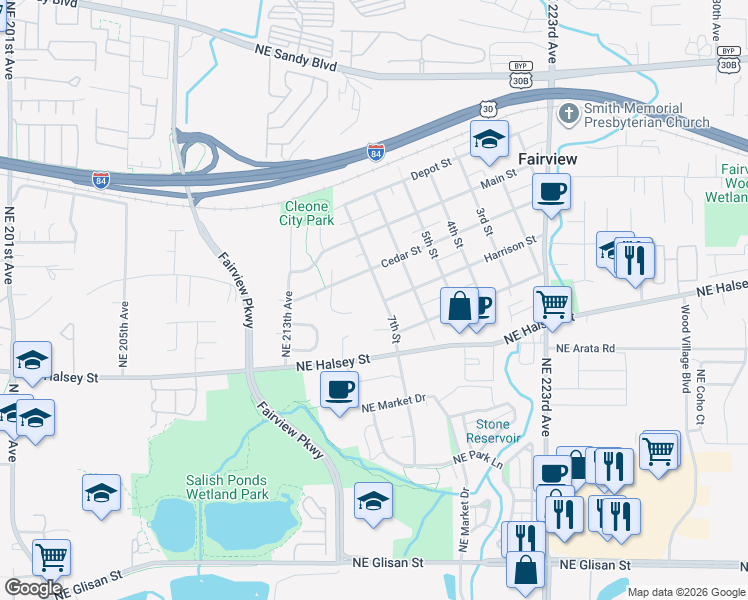 map of restaurants, bars, coffee shops, grocery stores, and more near 305 7th Street in Fairview