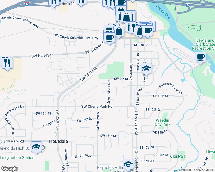 map of restaurants, bars, coffee shops, grocery stores, and more near 503 Southwest 9th Circle in Troutdale