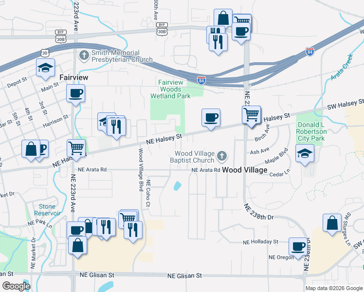 map of restaurants, bars, coffee shops, grocery stores, and more near 23140 Northeast Halsey Street in Wood Village