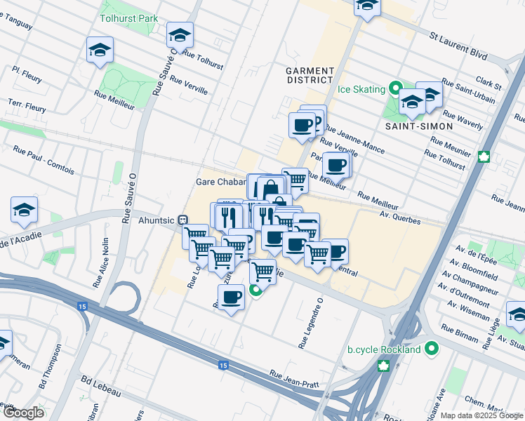 map of restaurants, bars, coffee shops, grocery stores, and more near 835 Rue Chabanel Ouest in Montréal