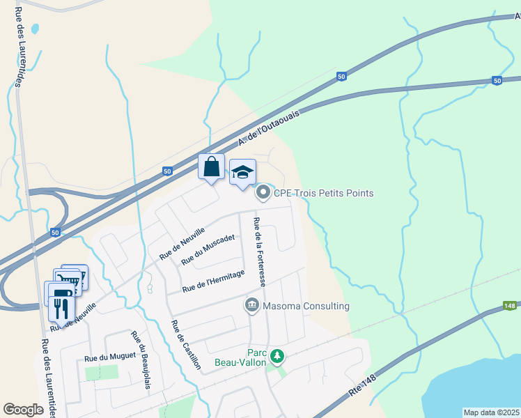 map of restaurants, bars, coffee shops, grocery stores, and more near 1096 Rue de Neuville in Gatineau
