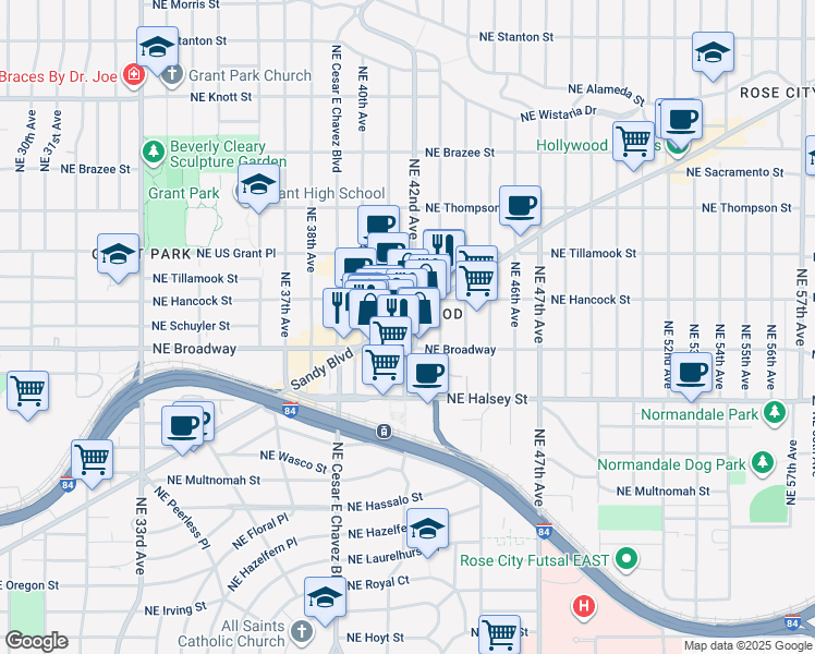map of restaurants, bars, coffee shops, grocery stores, and more near 4128-4144 Northeast Sandy Boulevard in Portland