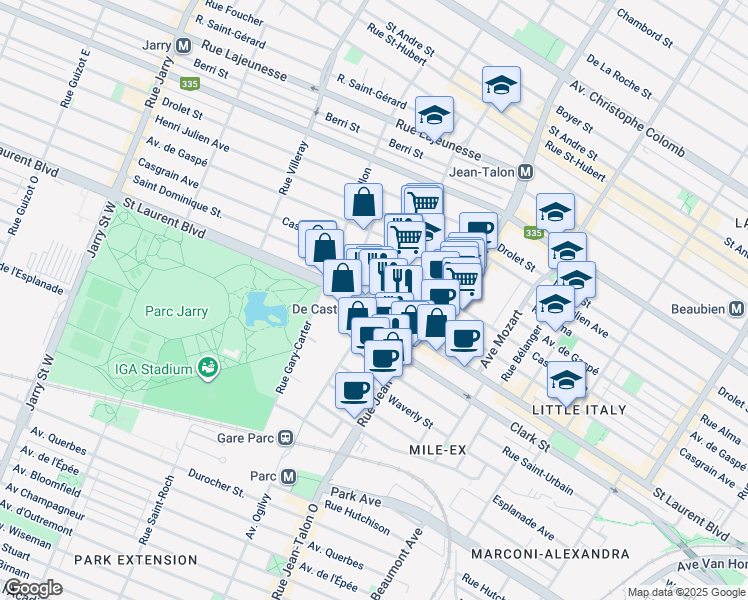 map of restaurants, bars, coffee shops, grocery stores, and more near 7345 Boulevard Saint-Laurent in Montrã©Al