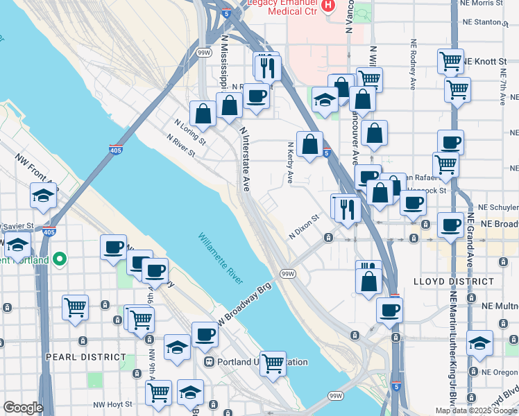 map of restaurants, bars, coffee shops, grocery stores, and more near 1850 North Interstate Avenue in Portland
