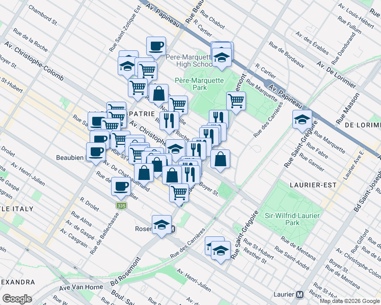 map of restaurants, bars, coffee shops, grocery stores, and more near 5919 Avenue Christophe-Colomb in Montréal