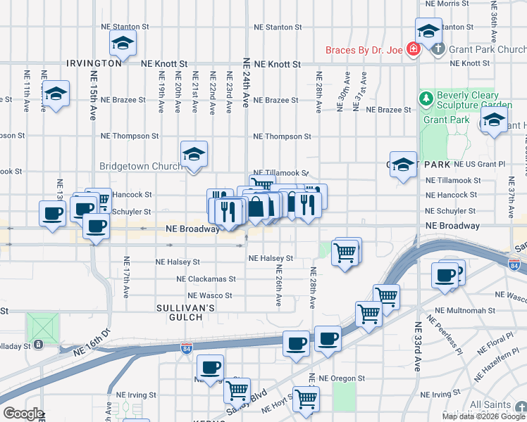 map of restaurants, bars, coffee shops, grocery stores, and more near 2431 Northeast Hancock St-Broadway Alley in Portland