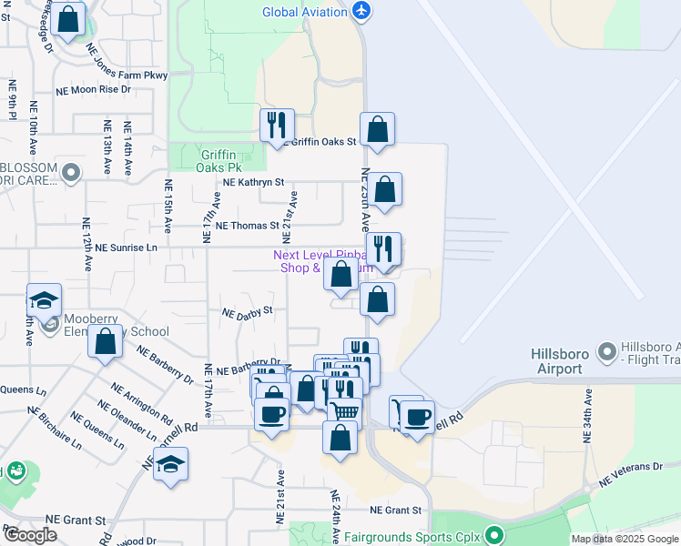 map of restaurants, bars, coffee shops, grocery stores, and more near 1379 Northeast 25th Avenue in Hillsboro
