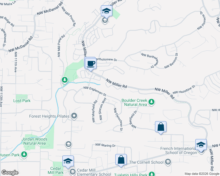 map of restaurants, bars, coffee shops, grocery stores, and more near 9636 Northwest Miller Hill Drive in Portland