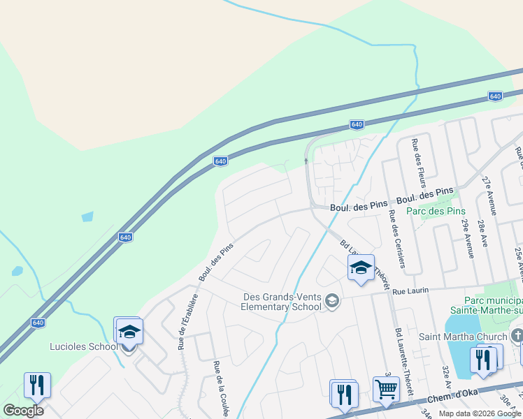 map of restaurants, bars, coffee shops, grocery stores, and more near 536 Rue du Muscat in Sainte-Marthe-sur-le-Lac