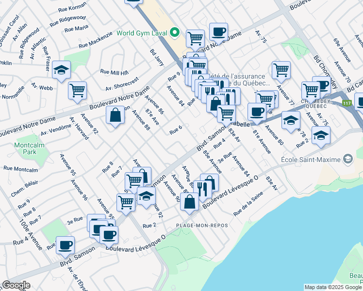 map of restaurants, bars, coffee shops, grocery stores, and more near 87e Avenue in Laval