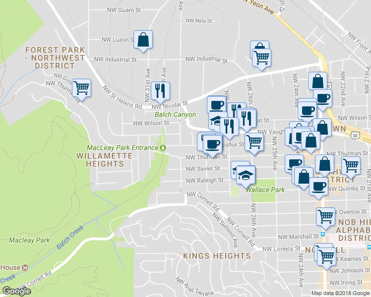 map of restaurants, bars, coffee shops, grocery stores, and more near 2875-2879 Northwest Thurman Street in Portland