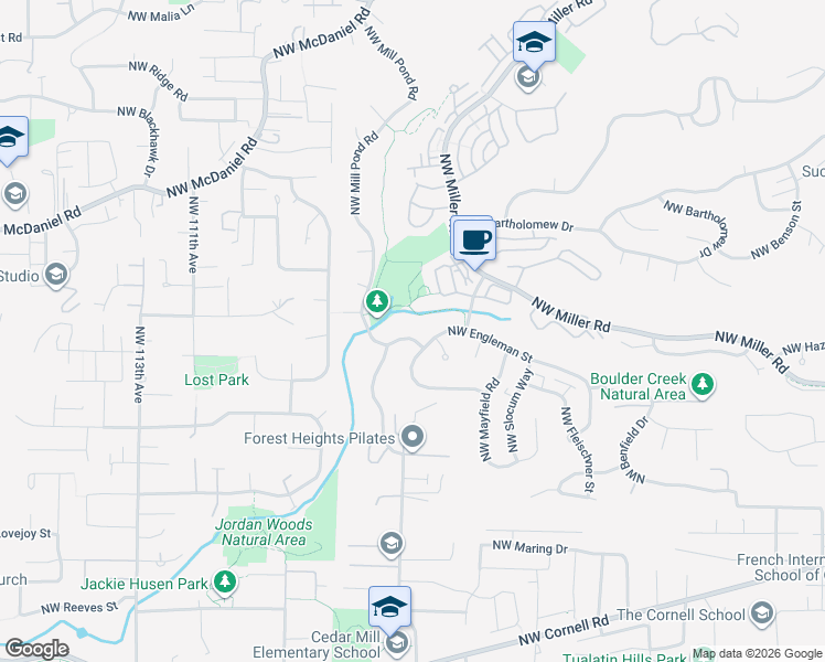 map of restaurants, bars, coffee shops, grocery stores, and more near 1713 Northwest Mill Pond Road in Portland