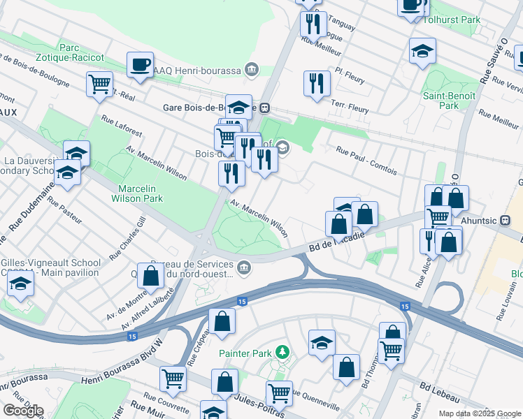 map of restaurants, bars, coffee shops, grocery stores, and more near 1605 Rue Robert Charbonneau in Montréal