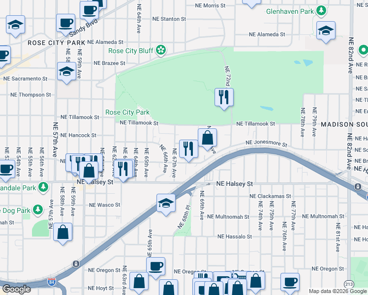 map of restaurants, bars, coffee shops, grocery stores, and more near 6728 Northeast Hancock Street in Portland