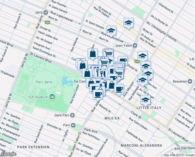 map of restaurants, bars, coffee shops, grocery stores, and more near 1 Rue de Castelnau Est in Montréal