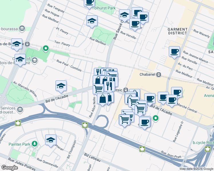 map of restaurants, bars, coffee shops, grocery stores, and more near 9825 Boulevard de l'Acadie in Montréal