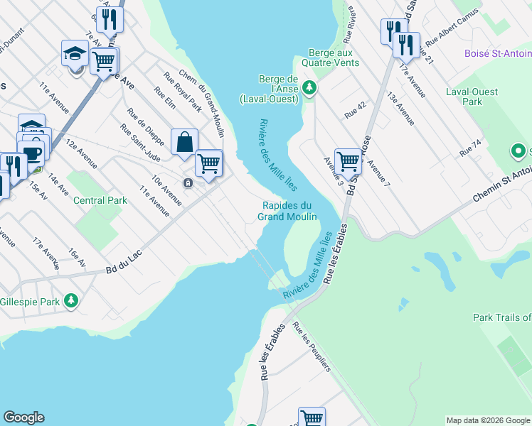 map of restaurants, bars, coffee shops, grocery stores, and more near 10 8e Avenue in Deux-Montagnes