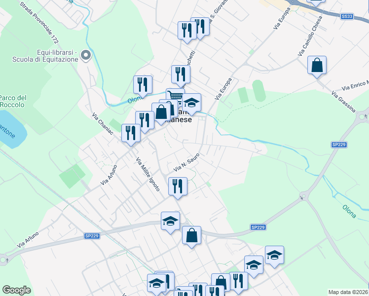 map of restaurants, bars, coffee shops, grocery stores, and more near Via Dante Alighieri in Pogliano Milanese