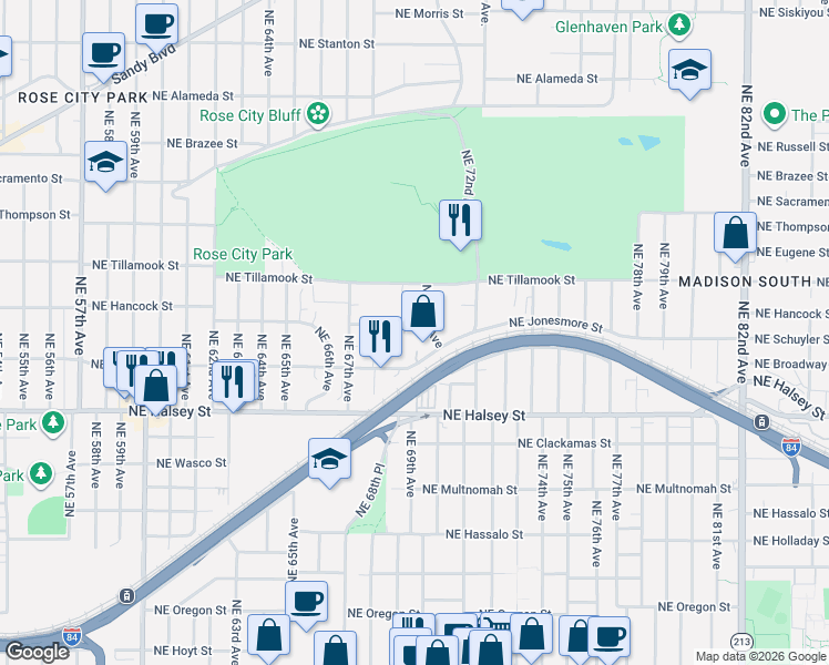 map of restaurants, bars, coffee shops, grocery stores, and more near 6918 Northeast Hancock Street in Portland