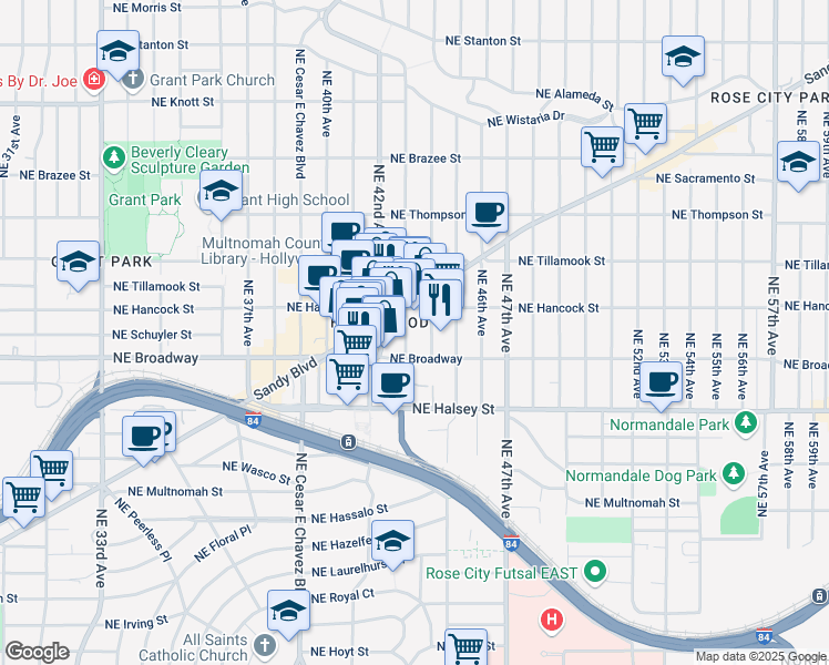 map of restaurants, bars, coffee shops, grocery stores, and more near 1704 Northeast 43rd Avenue in Portland