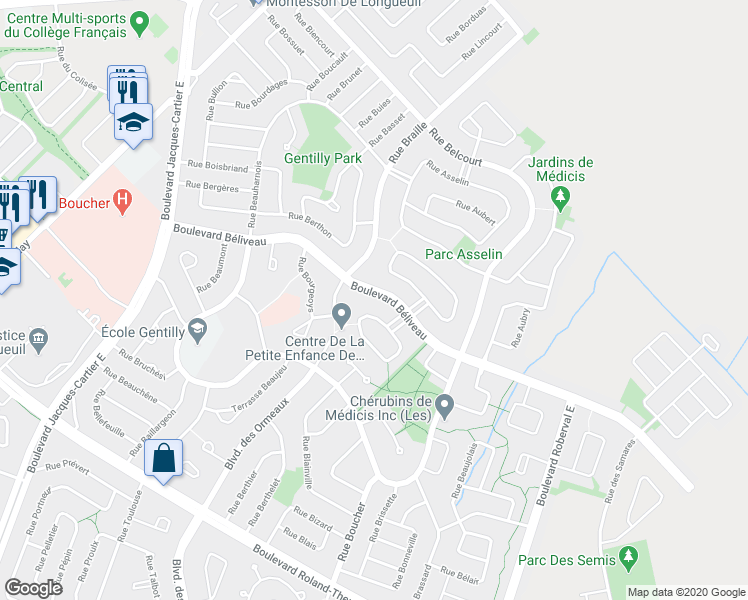 map of restaurants, bars, coffee shops, grocery stores, and more near 2874 Boulevard Béliveau in Longueuil